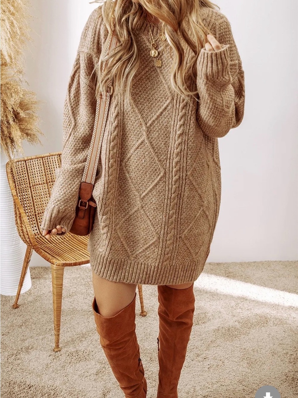 Cozy Cable Knit Sweater Dress - Camel